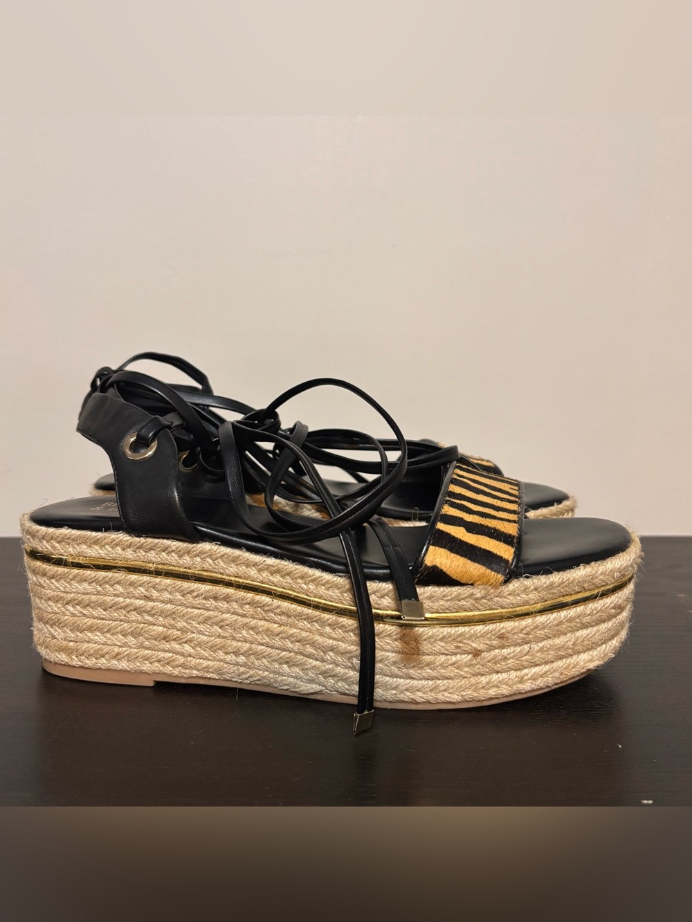 Espadrille Platform Sandals w/Tiger-Print Strap & Wrap Around Ankle Ties |Sz 8.5